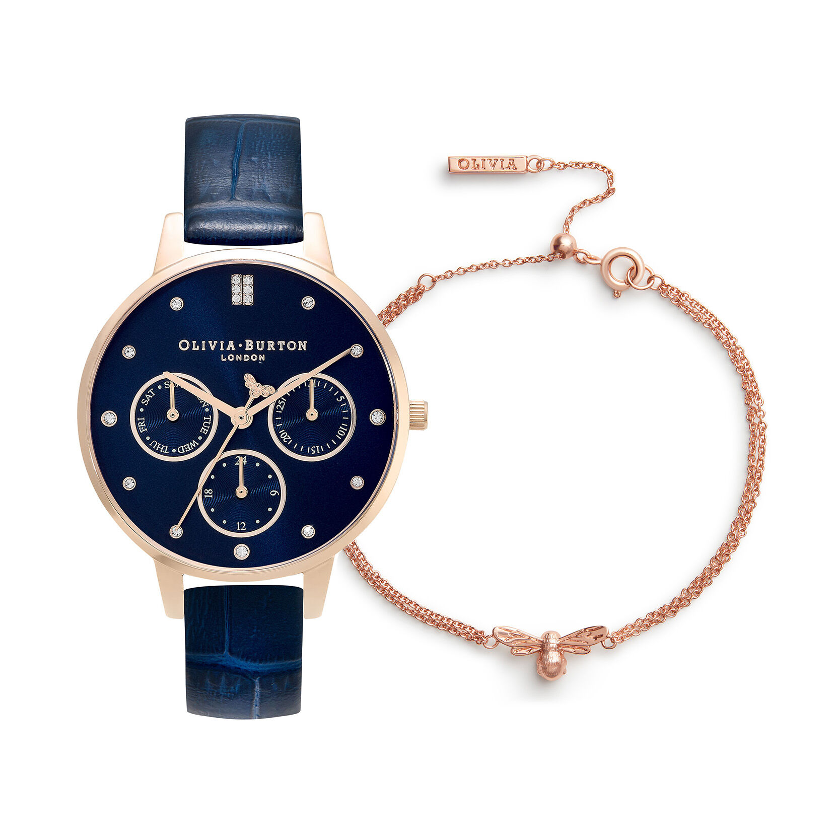 34mm Carnation Gold Blue Leather Strap Watch Lucky Bee Bee Bracelet