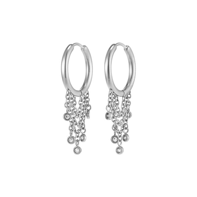 Crystal Chain Silver Tone Huggie Hoop Earrings