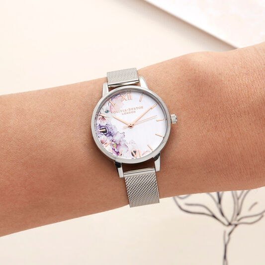 Watercolour Florals Silver Mesh Watch
