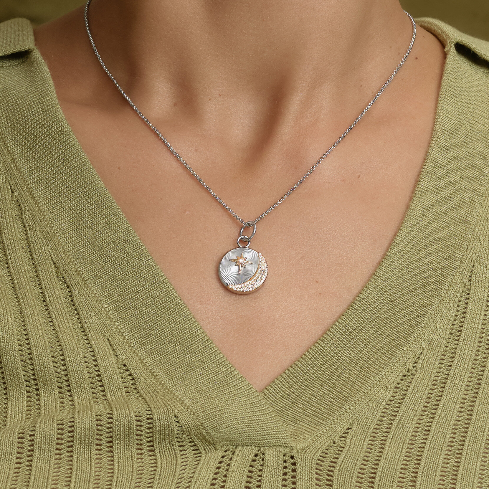 Celestial Star and Moon Silver Tone Pendant Necklace