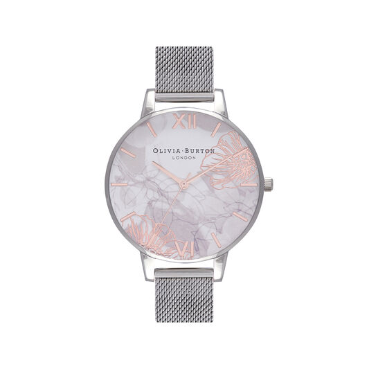 Abstract Florals Silver Mesh Watch  