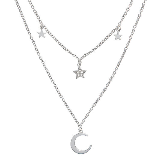 Celestial Double Crescent Moon and Star Necklace Silver