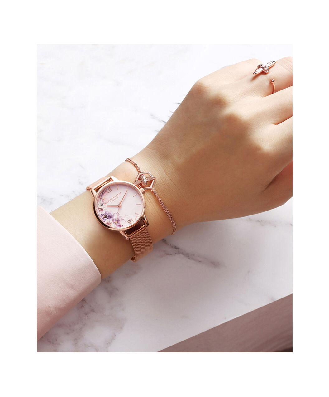 Olivia burton abstract florals rose gold mesh watch best sale