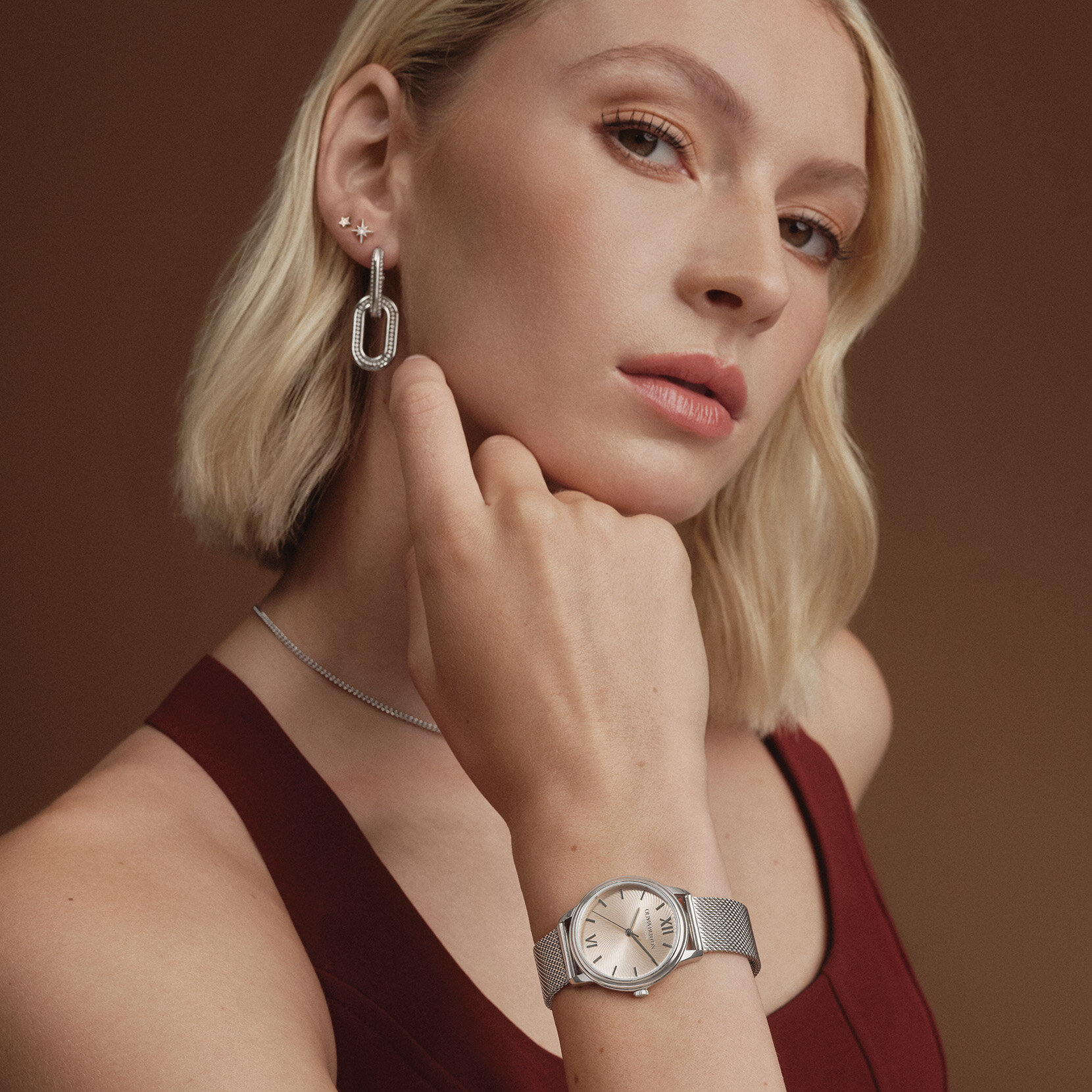 32mm Swirl Trench Coat & Silver Mesh Watch