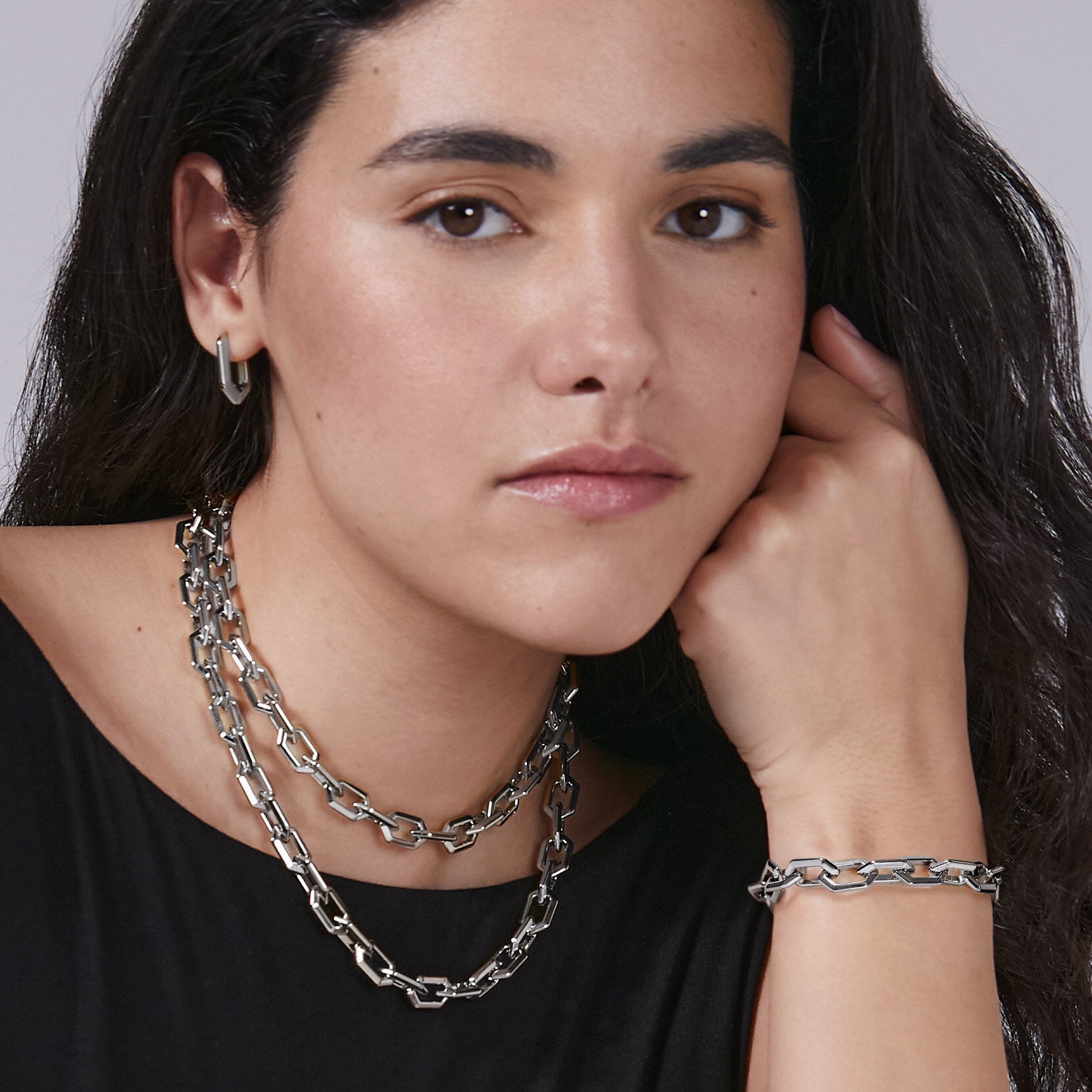 Honeycomb Geo Silver Tone Chain Link Necklace