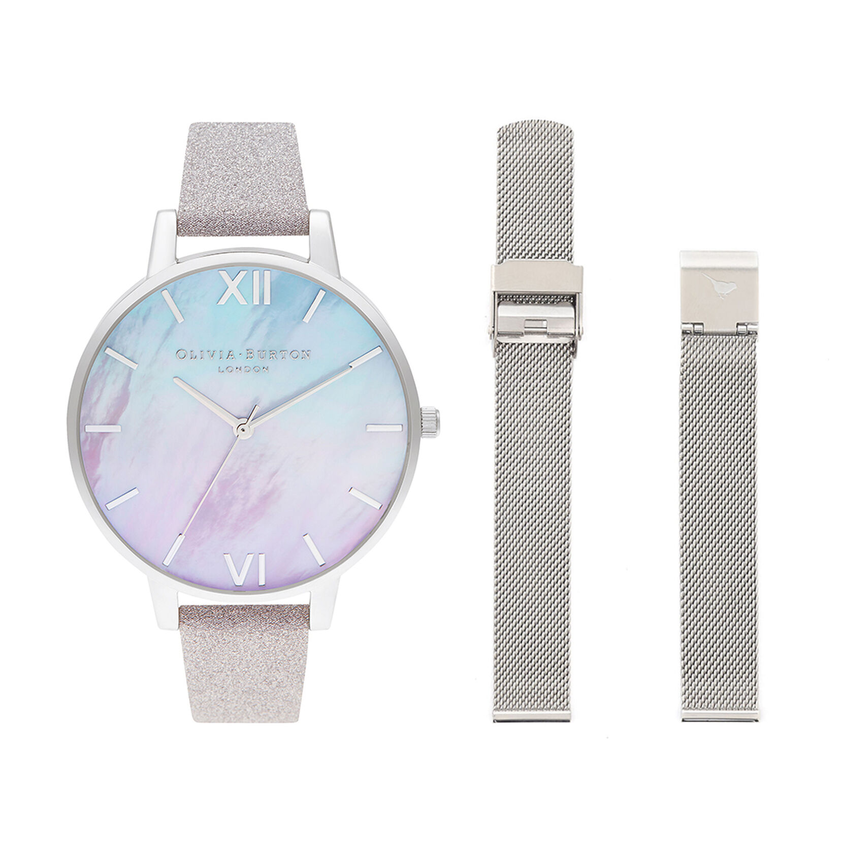 Ombre Mother Of Pearl Dial Watch with Lilac Glitter Strap & Silver Mesh Strap Set