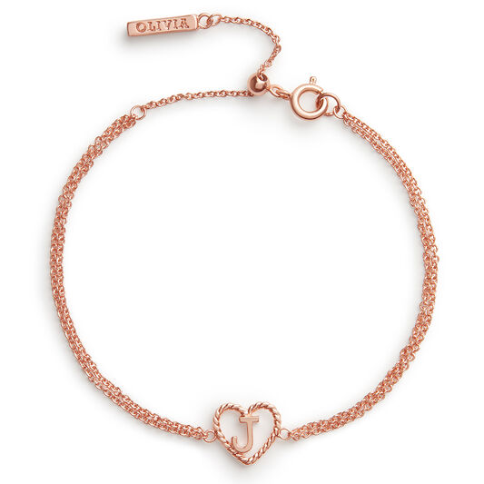'J' Heart Initial Chain Bracelet Rose Gold