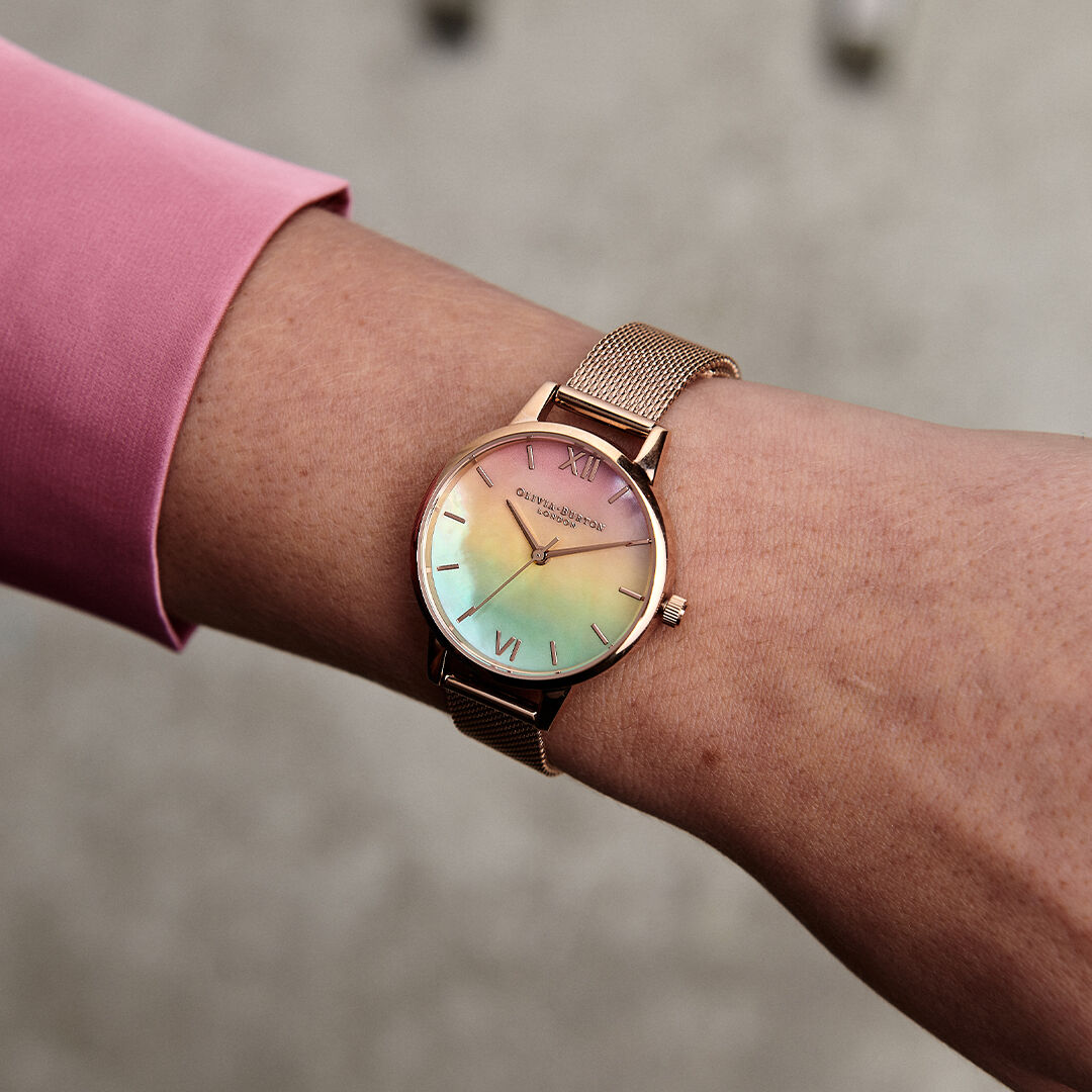 Rainbow 30mm Rainbow Rose Gold Mesh Watch Olivia Burton London