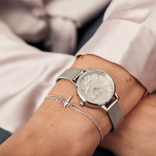 Dancing Dragonfly Blush Glitter Dial & Silver Mesh