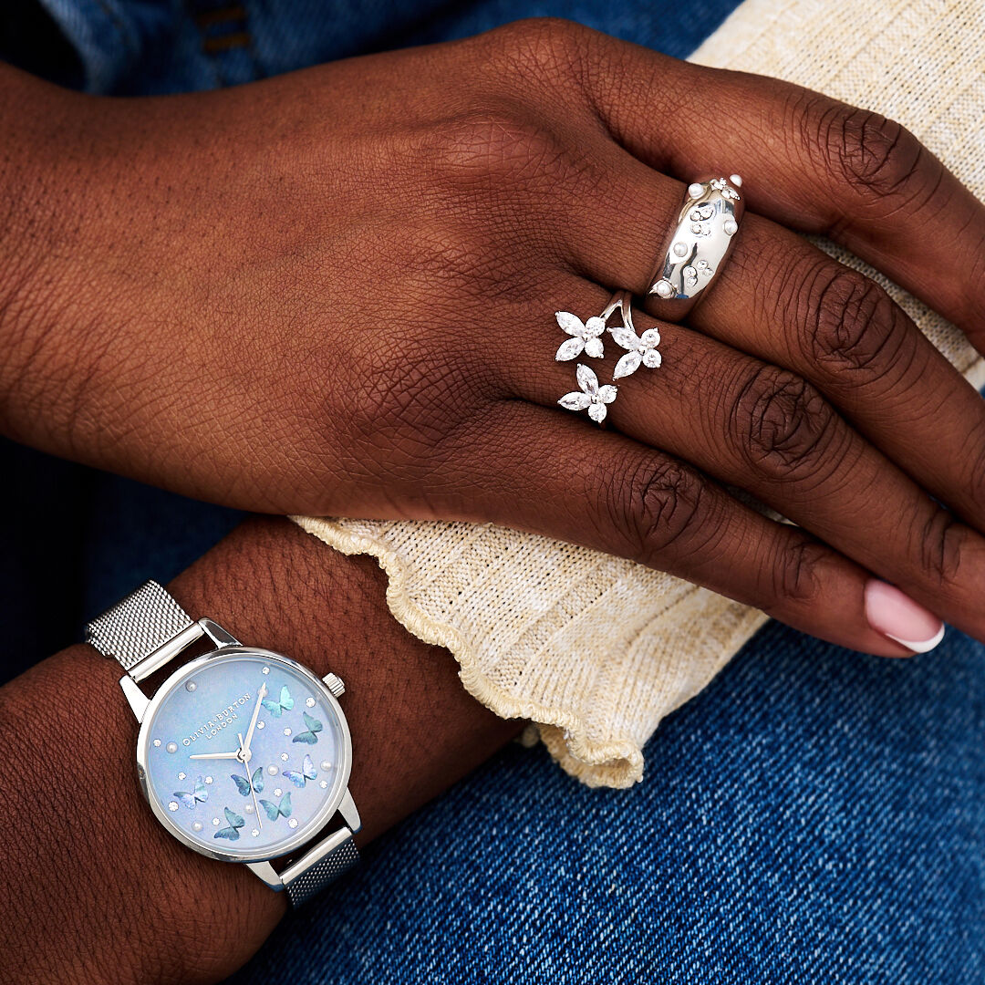 Sparkle Butterfly Silver Marquise Statement Ring | Olivia Burton