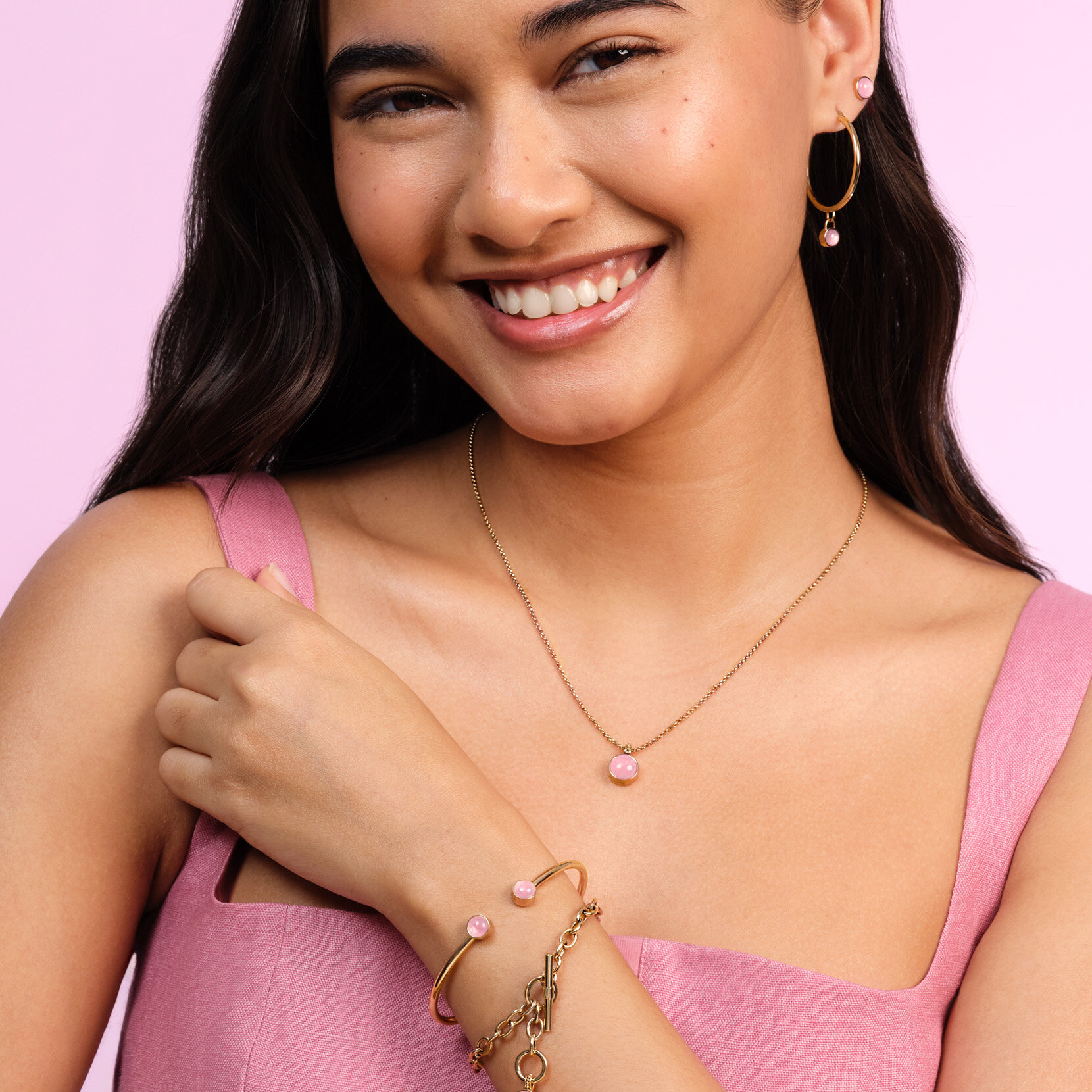 Rose Quartz Cabochon Rose Gold Plated Gemstone Hoop Earrings
