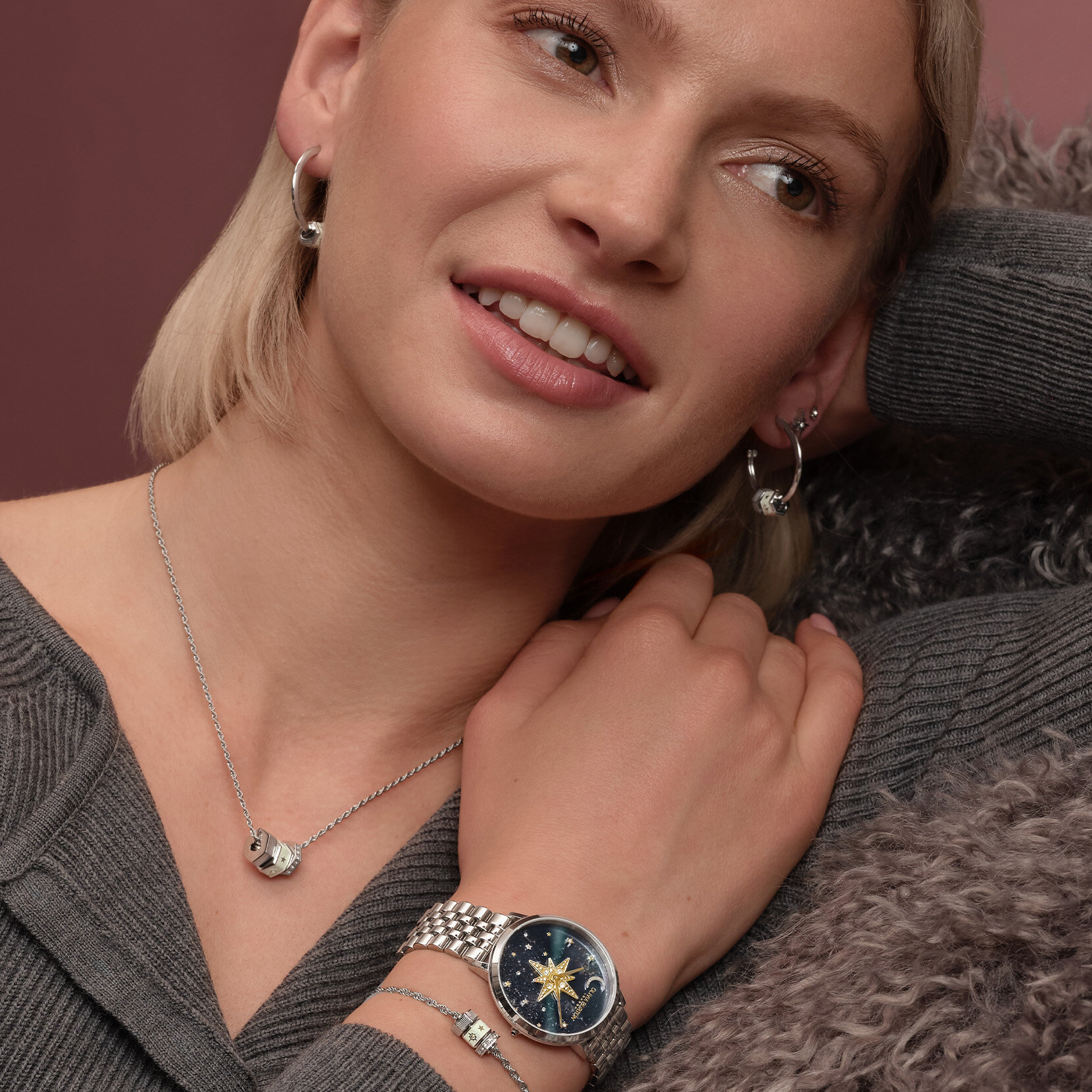 Ivory & Silver Tone Bead Charm Hoop Earrings