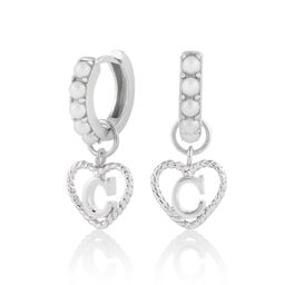 'C' Faux Pearl Heart Initial Huggie Hoop Silver