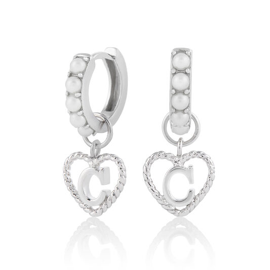 'C' Faux Pearl Heart Initial Huggie Hoop Silver