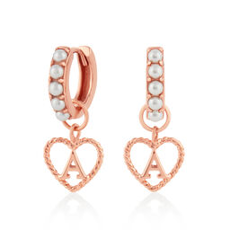 'A' Faux Pearl Heart Initial Huggie Hoop Rose Gold