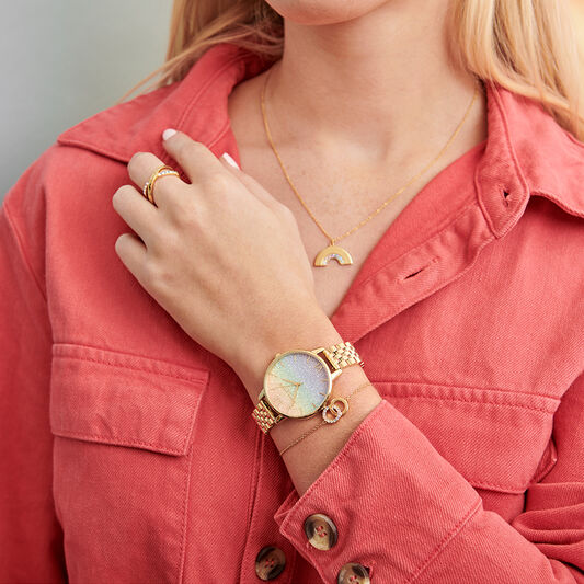 Midi Rainbow Pearl Dial Rose Gold Mesh Watch