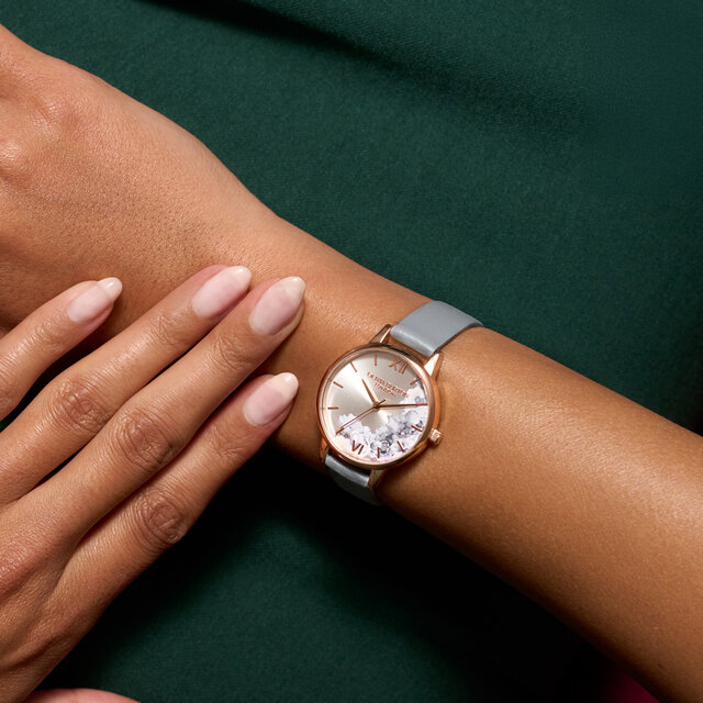 30mm Illustrated Florals Rose Gold & Chalk Blue Leather Strap Watch