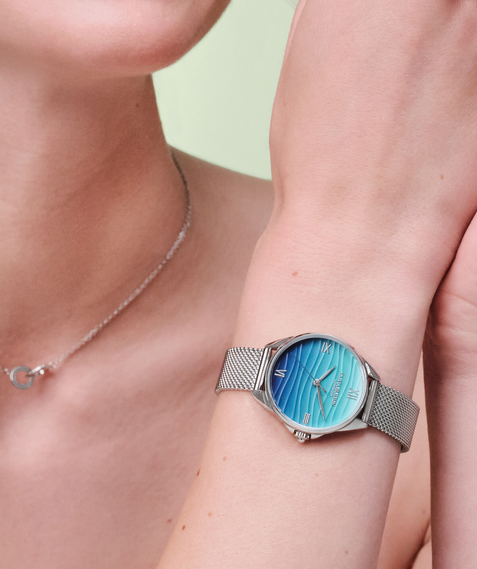 Signature 30mm Azure Blue Tone & Silver Mesh Watch | Olivia Burton