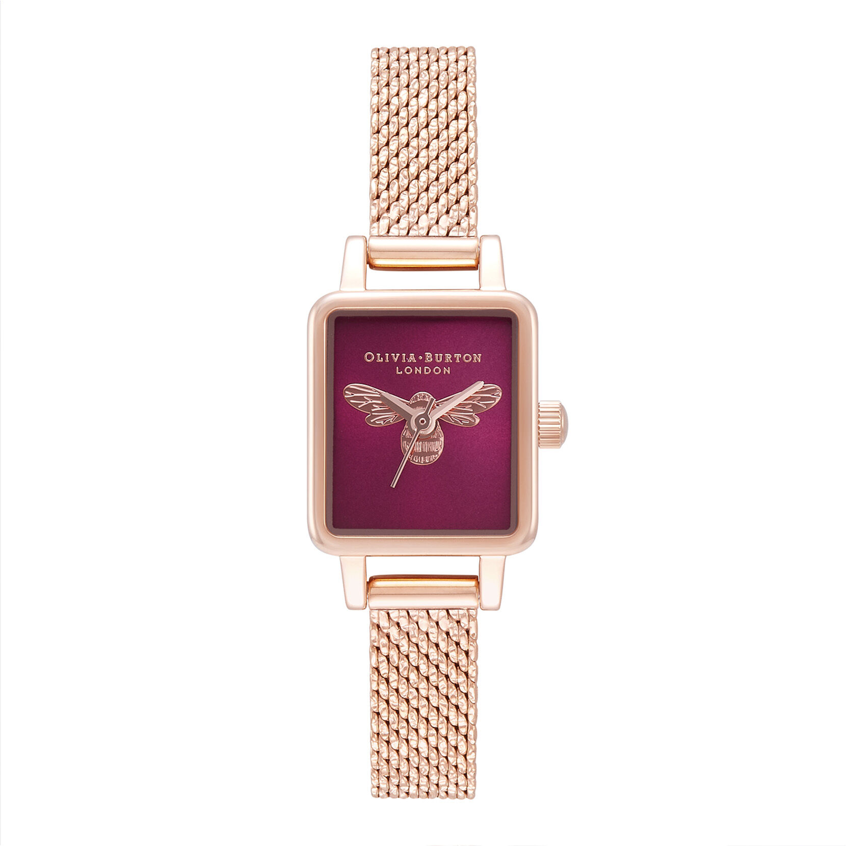 Lucky Bee Mini Rectangle Berry & Rose Gold Mesh Watch