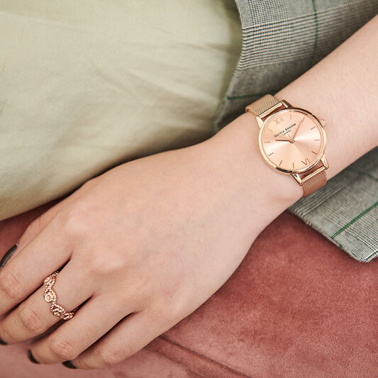 Sunray Dial Midi Dial Rose Gold Mesh