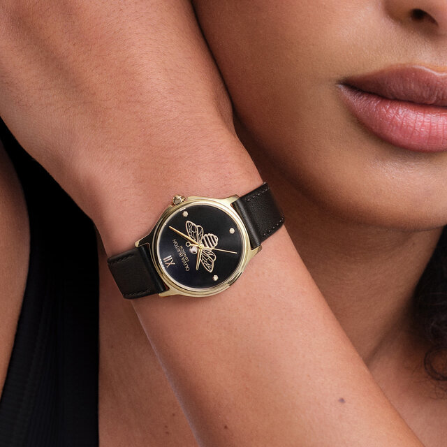30mm Classic Bee Gold & Black Leather Strap Watch