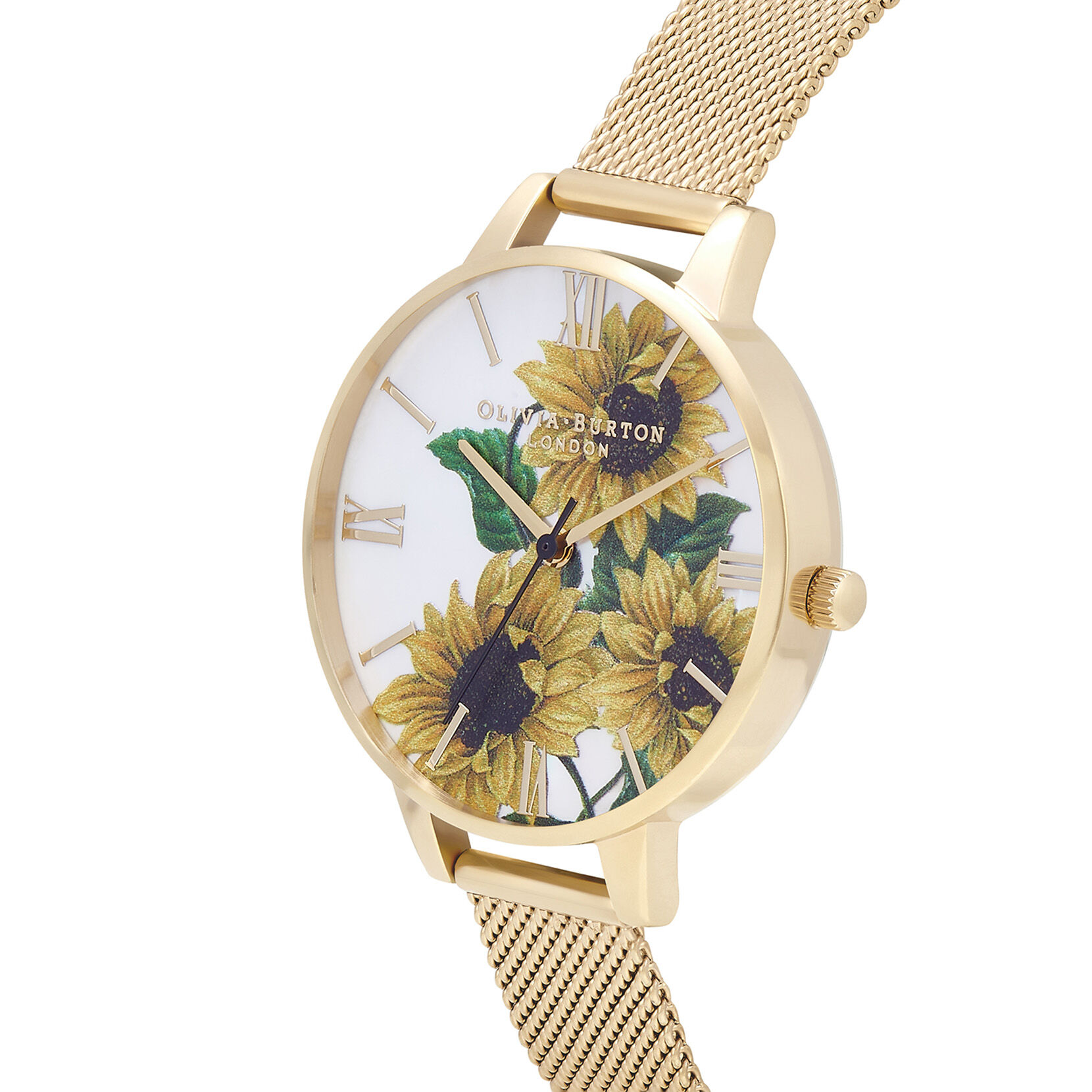 34mm White & Gold Mesh Watch & Sunflower Bracelet Gift Set