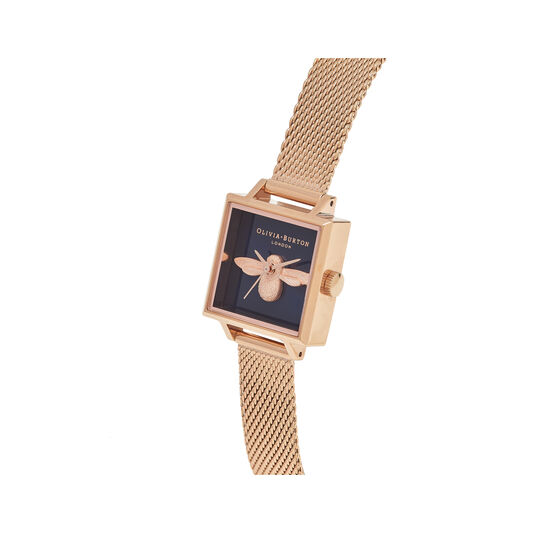 Square Dial 3D Bee Midnight & Rose Gold Mesh Watch