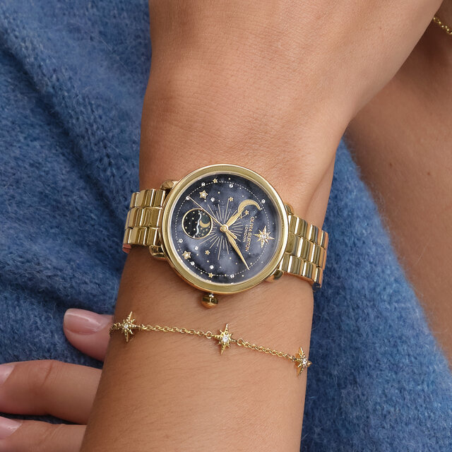 34mm Moon Phase Black & Gold Bracelet Watch
