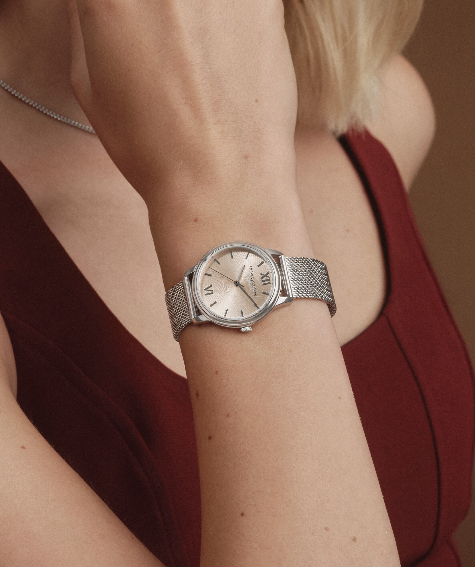 Classic 32mm Swirl Trench Coat & Silver Mesh Watch | Olivia Burton