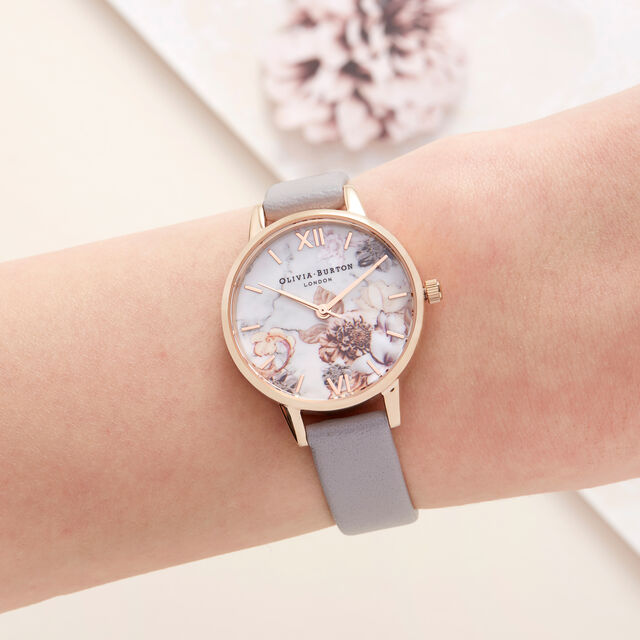 Marble Florals 30mm Rose Gold & gray Leather Strap Watch