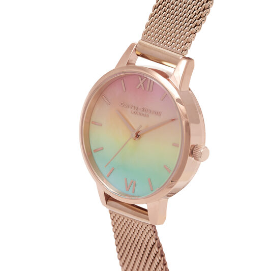 Midi Rainbow Pearl Dial Rose Gold Mesh Watch