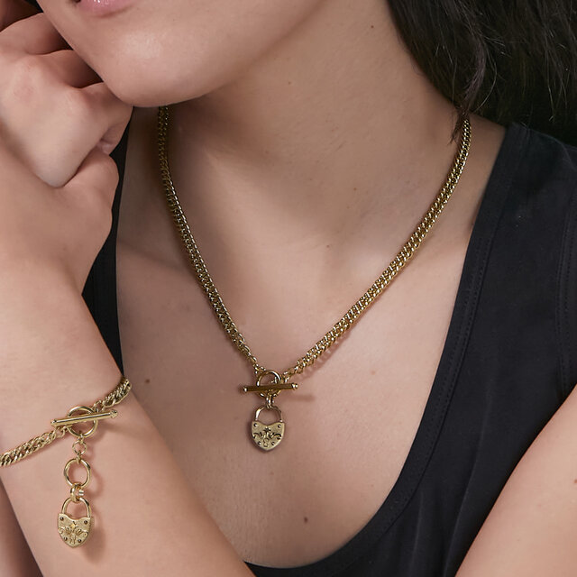 Lock Heart Gold Plated Toggle Necklace