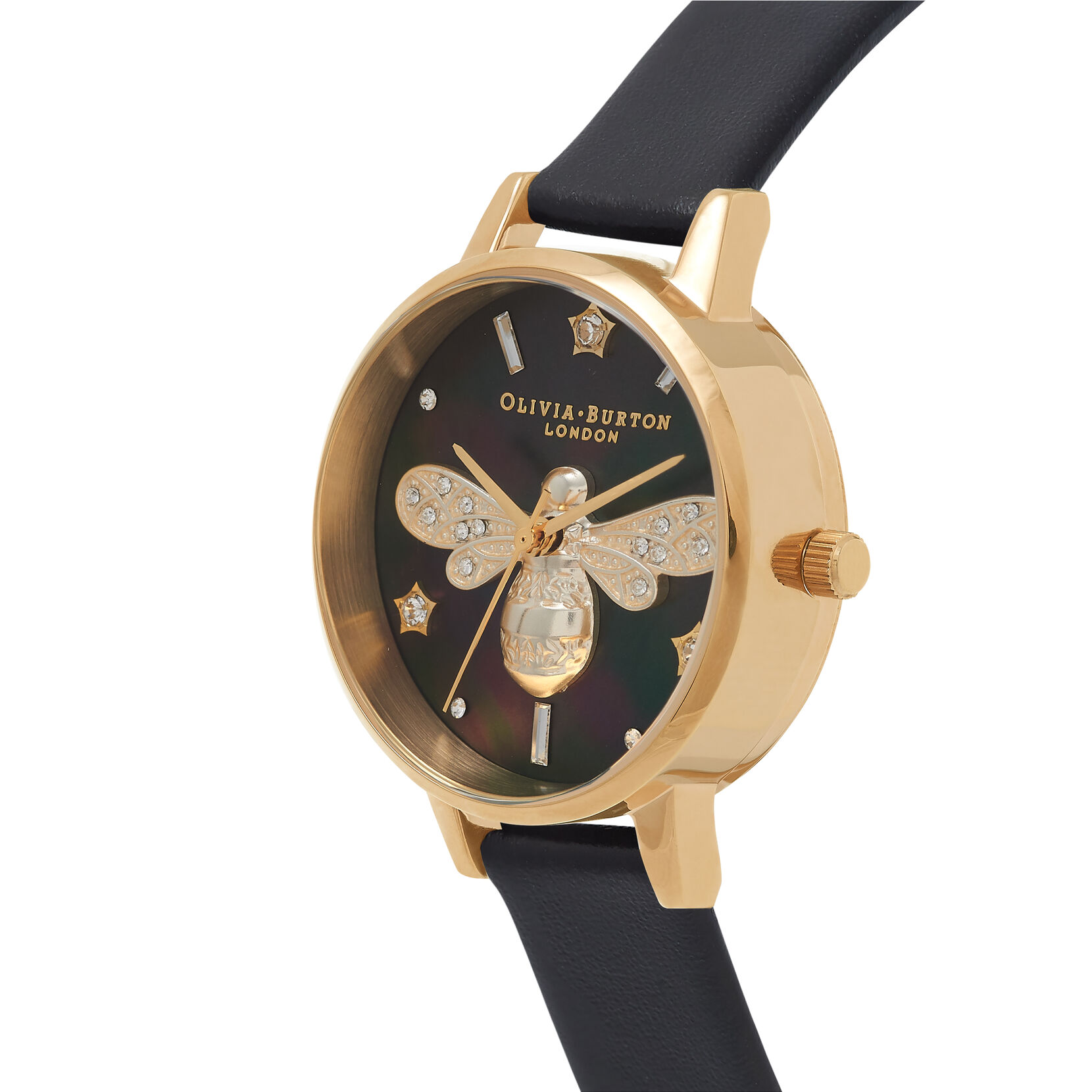Sparkle Bee 30mm Gold & Black Leather Strap Watch