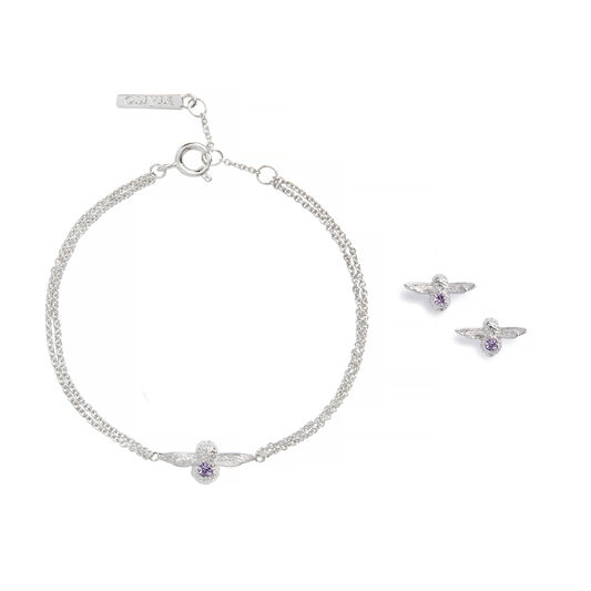 Bejewelled Bee Bracelet and Earrings Gift Set Sterling Silver & Amethyst