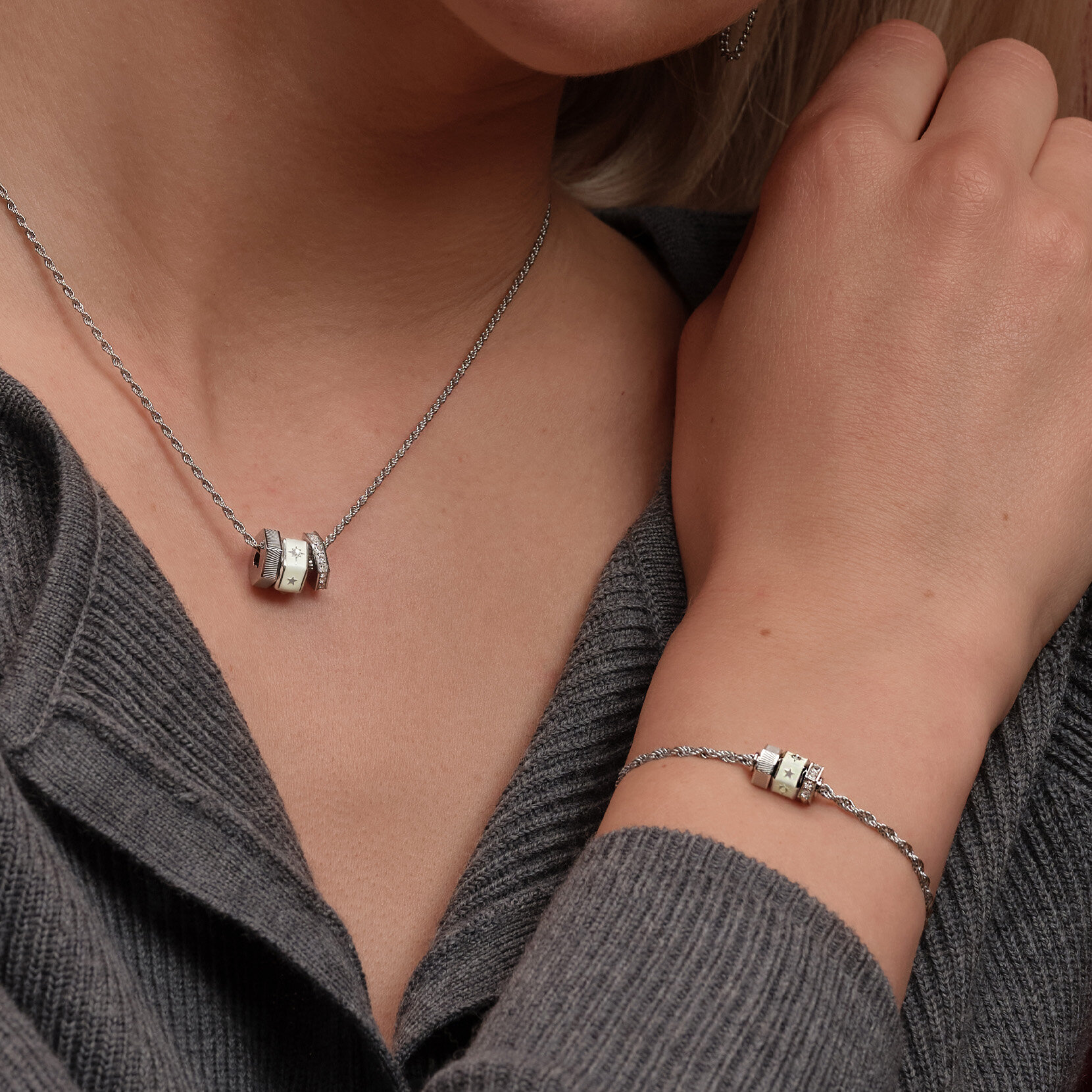 Ivory & Silver Tone Bead Charm Necklace