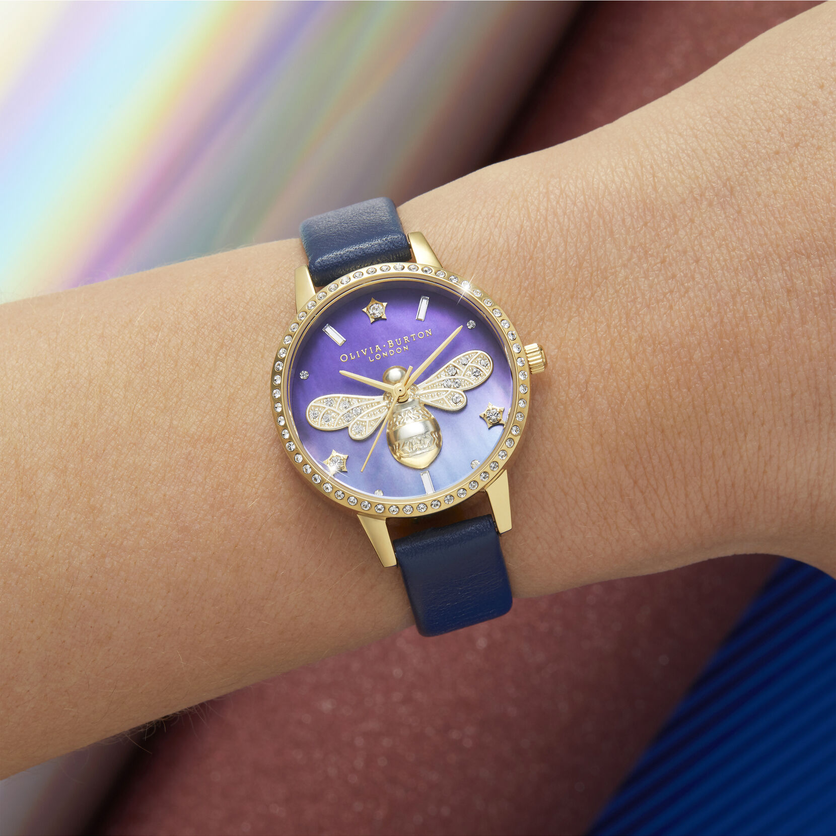 Sparkle Bee 30mm Gold & Blue Leather Strap Watch