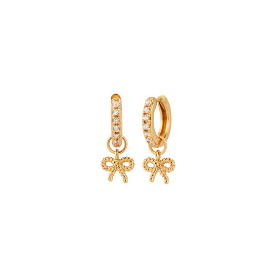Vintage Bow Huggie Hoop Gold & White Topaz Earrings