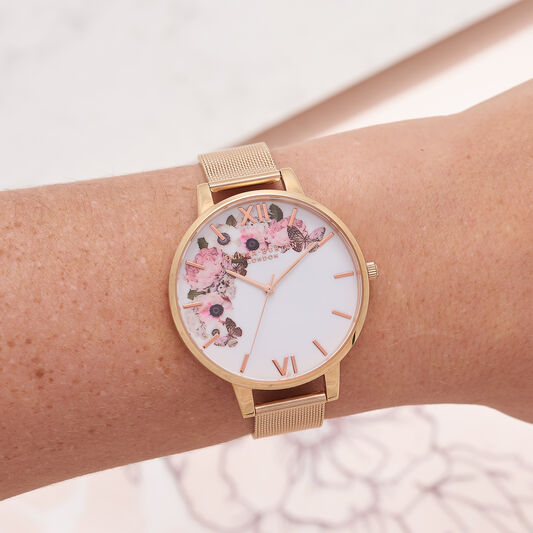 Signature Floral Rose Gold Mesh Watch