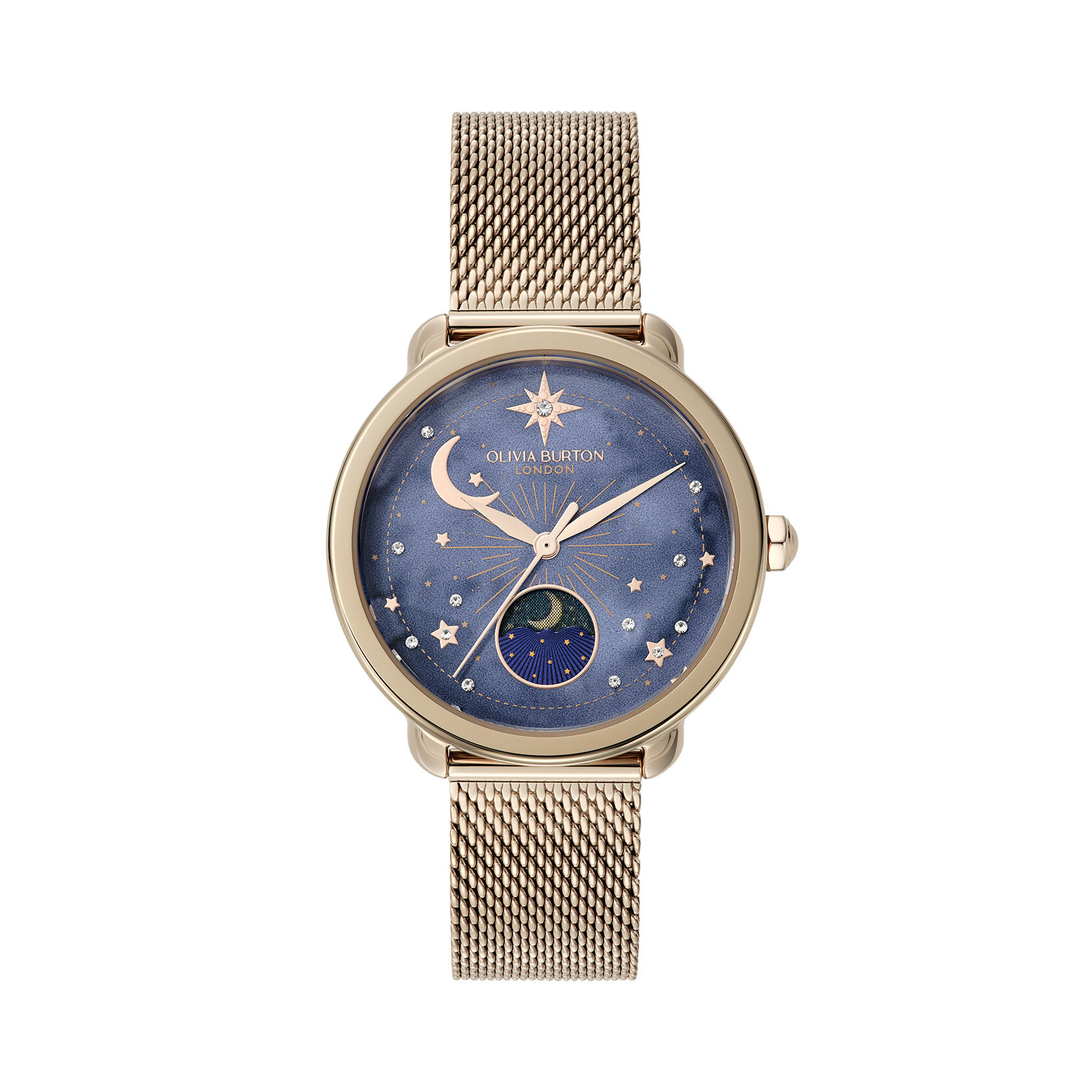 Celestial 34mm Moon Phase Navy & Rose Gold Mesh Watch | Olivia