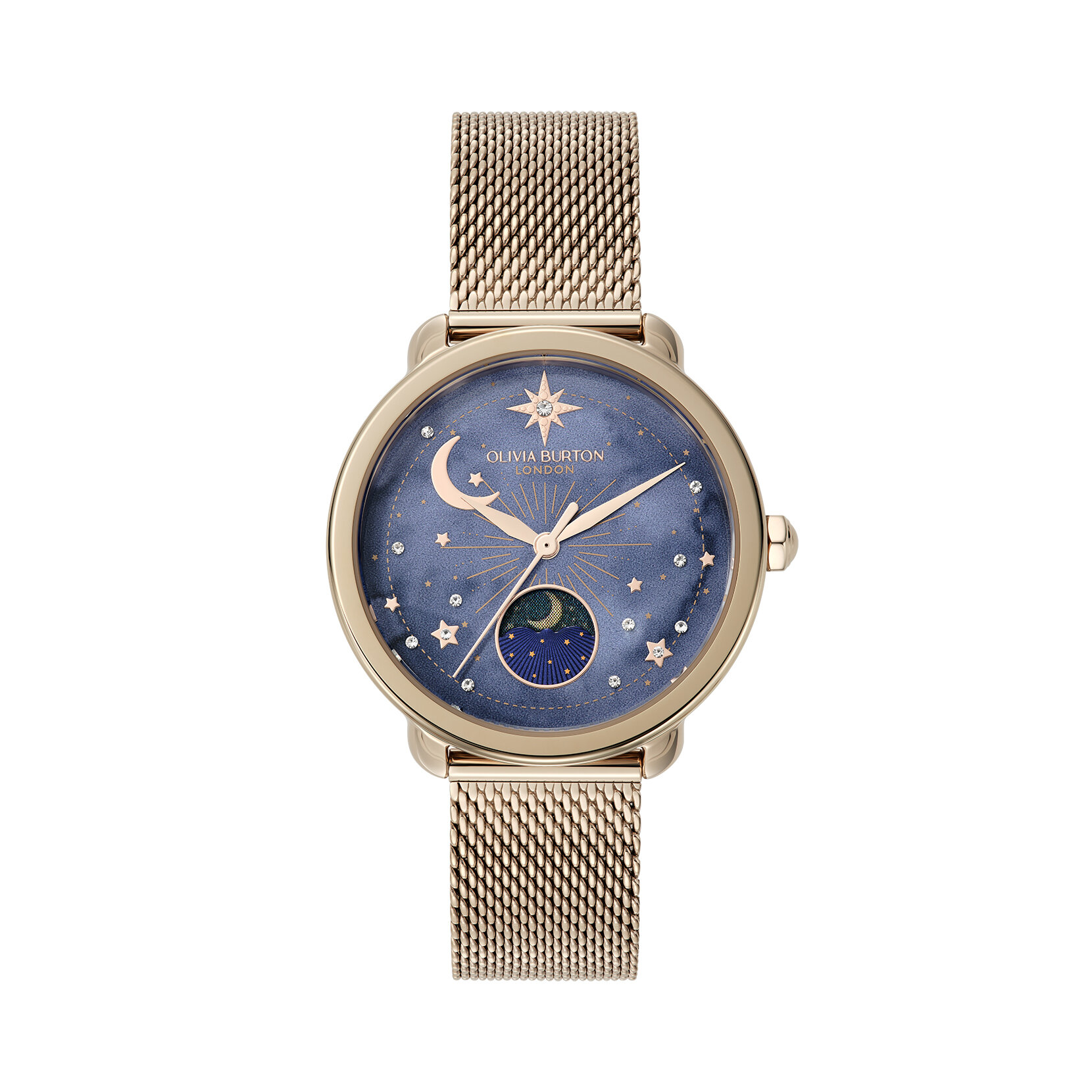 Celestial 34mm Moon Phase Navy Rose Gold Mesh Watch Olivia