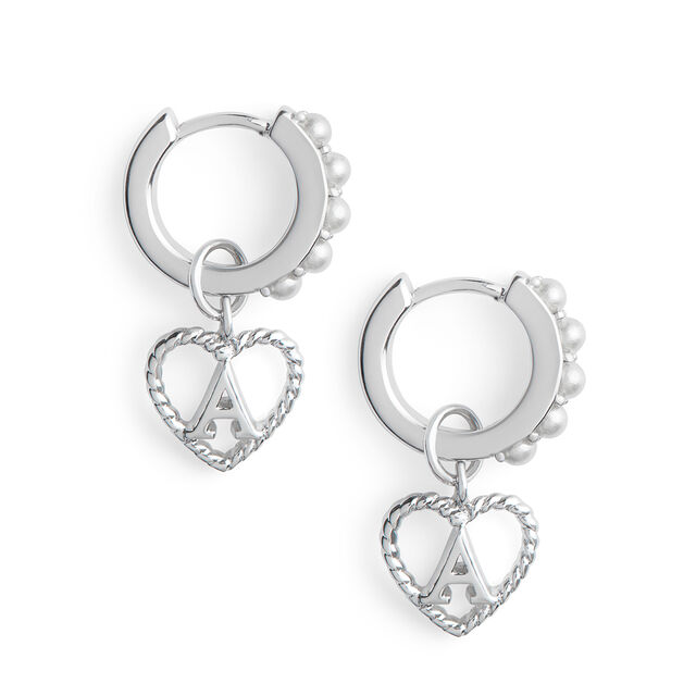 'A' Faux Pearl Heart Initial Huggie Hoop Silver