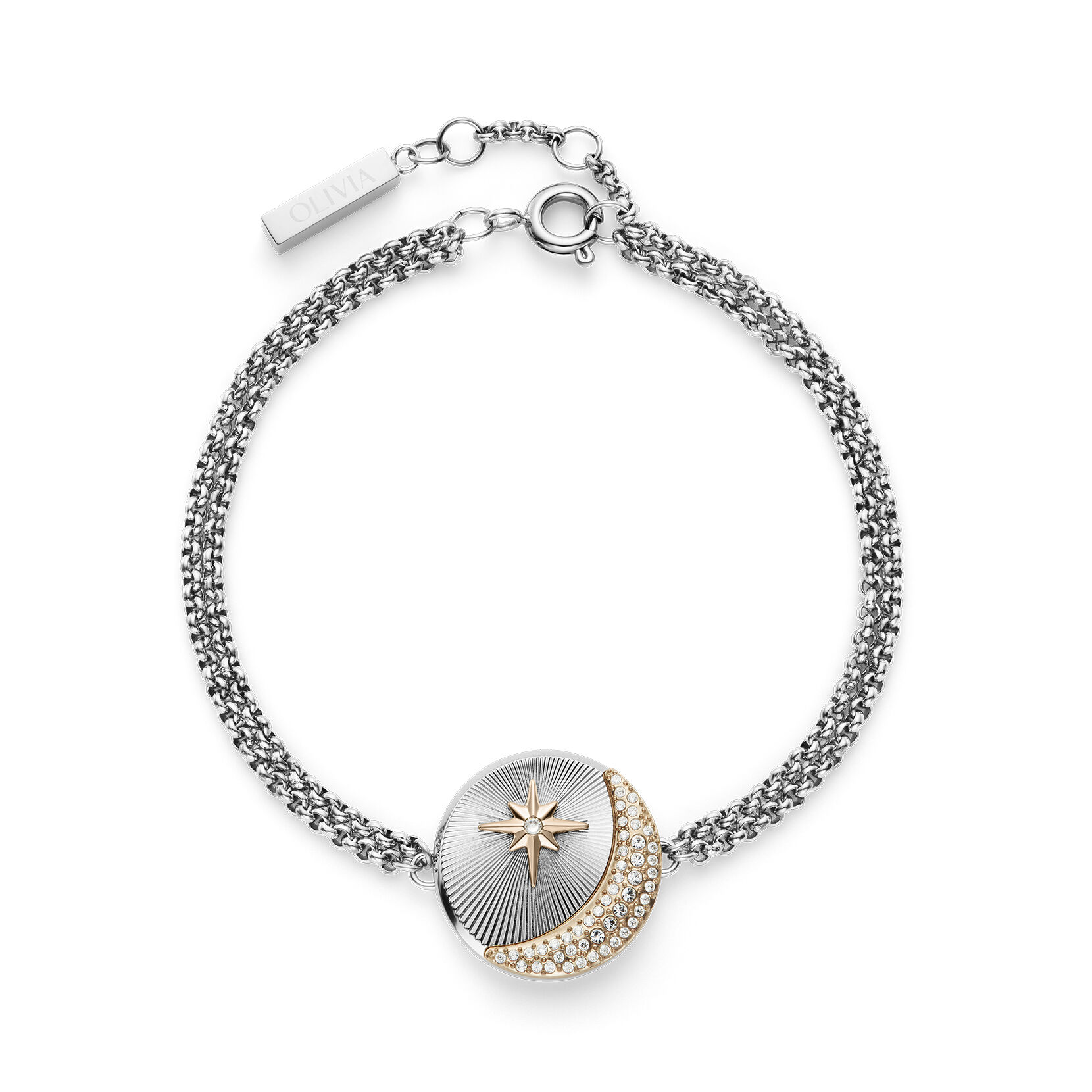 Signature Celestial Star and Moon Silver Tone Bracelet | Olivia
