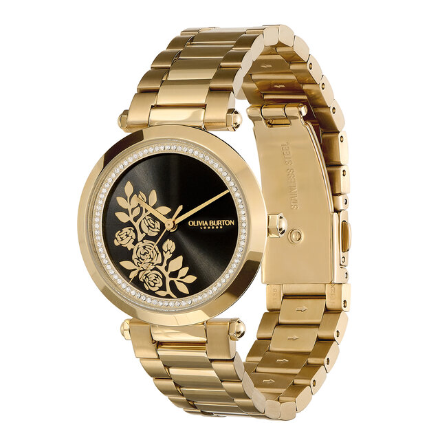 34mm Floral T-Bar Black & Gold Bracelet Watch