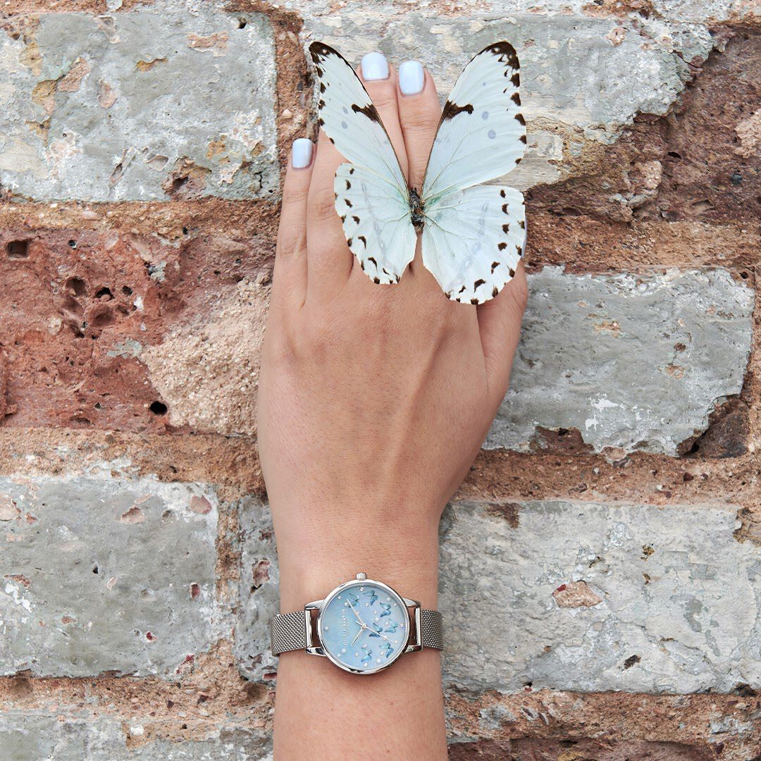 Sparkle Butterfly 30mm Blue & Silver Mesh Watch | Olivia Burton London