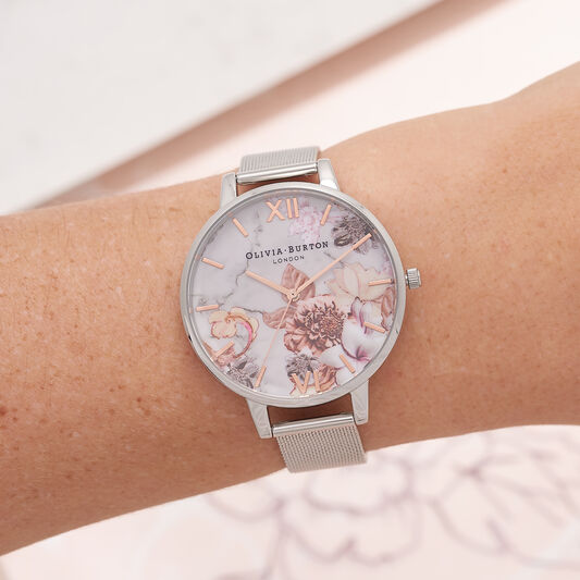 Marble Floral Rose Gold & Silver Mesh Watch