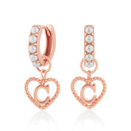 'C' Faux Pearl Heart Initial Huggie Hoop Rose Gold