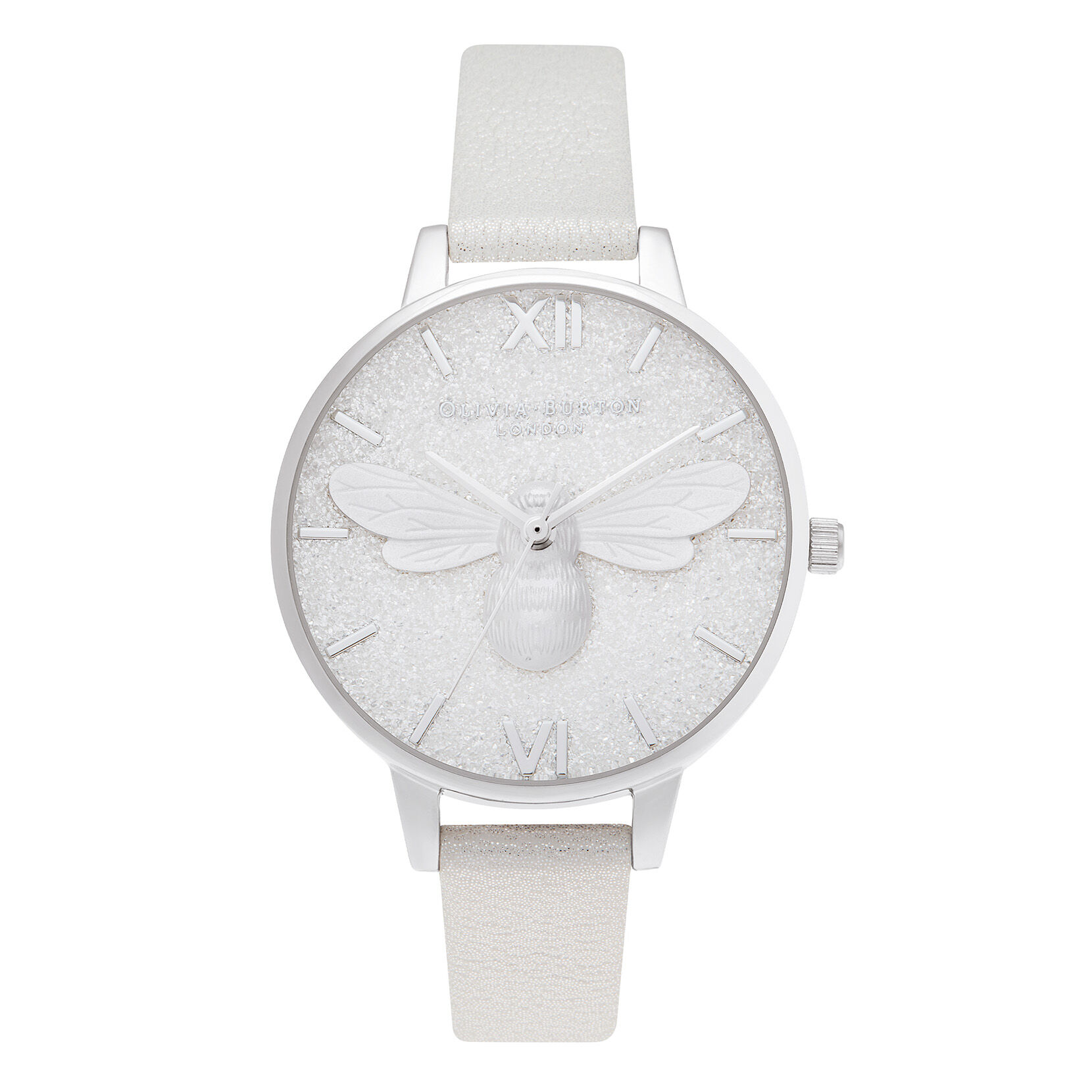 34mm Lucky Bee Silver & Grey Leather Strap Watch