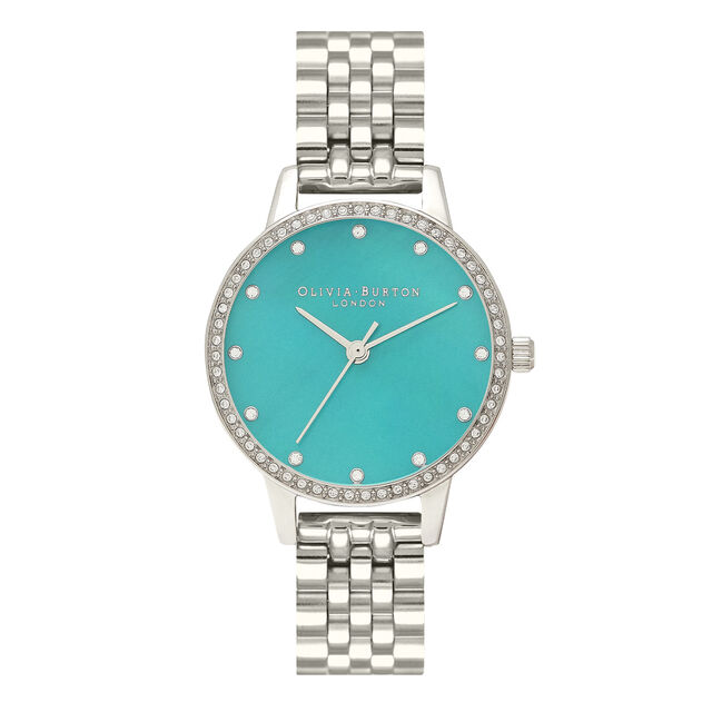 Midi Green Mother Of Pearl Sparkle Bezel, Silver Bracelet Watch