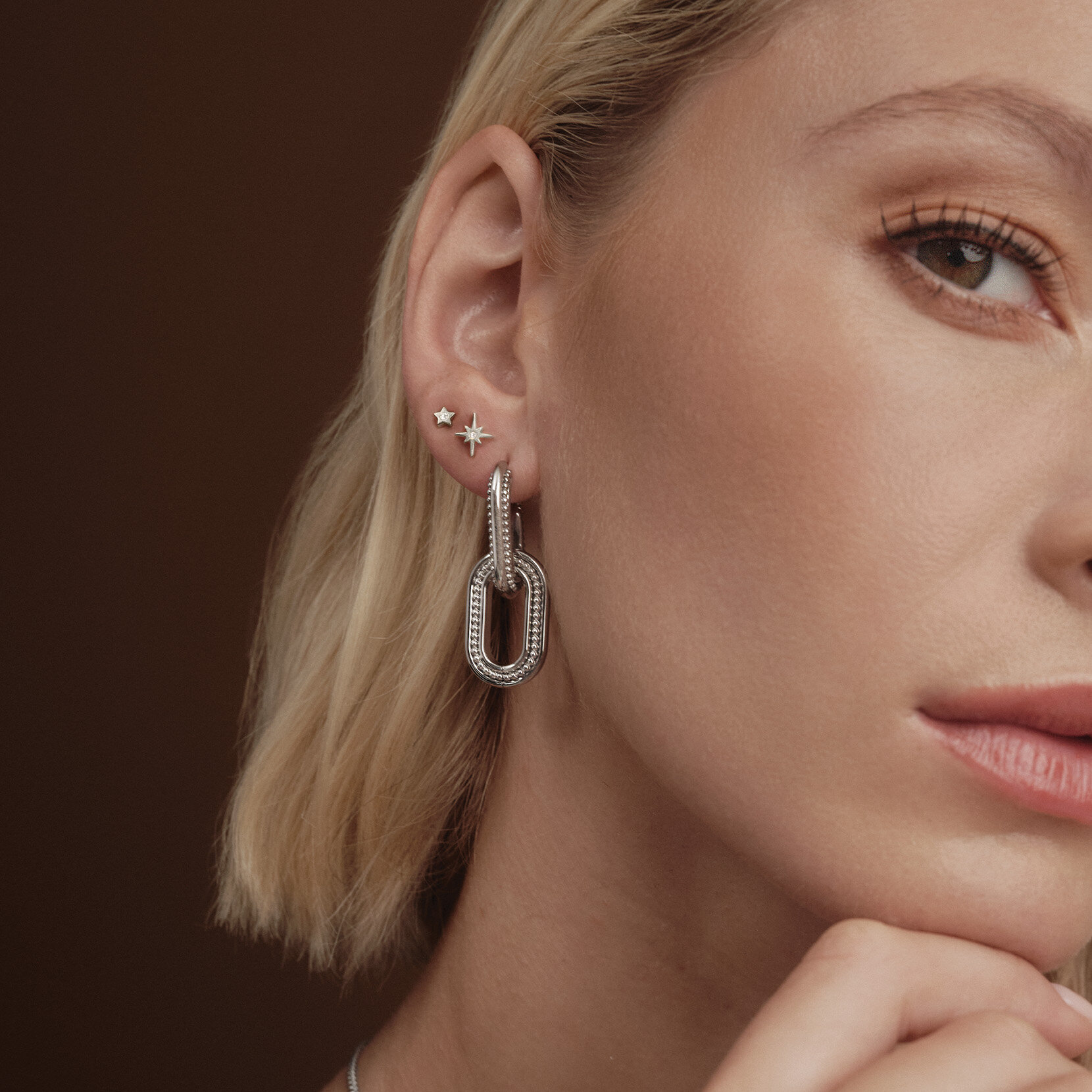 Camber Caviar Interlink Silver Tone Hoop Earrings