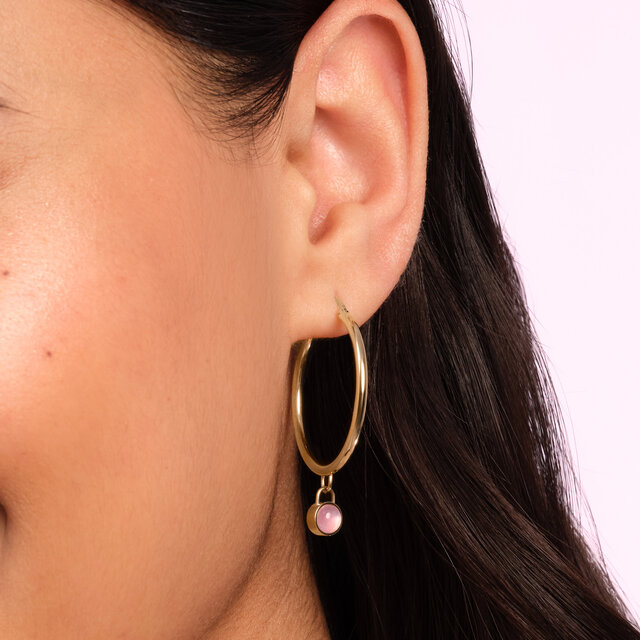 Rose Quartz Cabochon Rose Gold Plated Gemstone Hoop Earrings